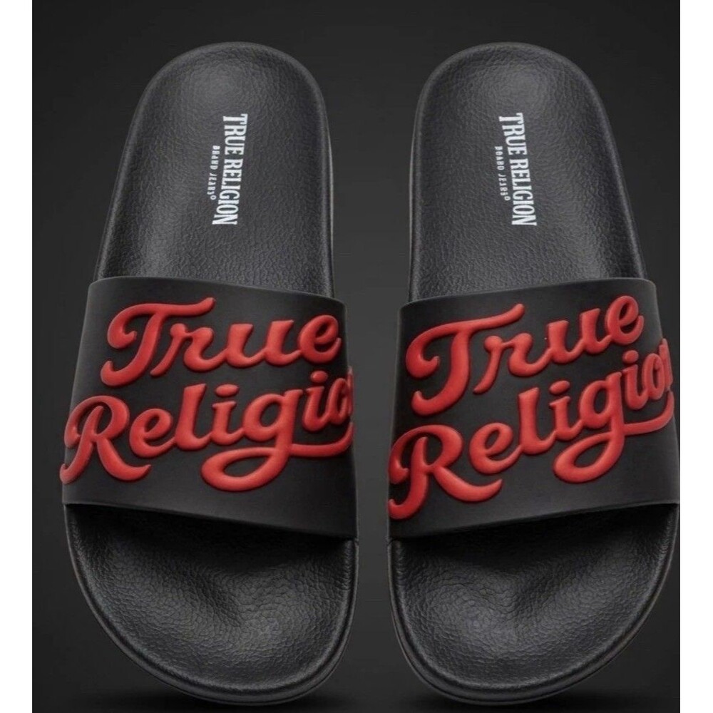 True Religion TR-DRAKE-S Men's Leather Slide Sandals Black Red Logo 8 US NWT